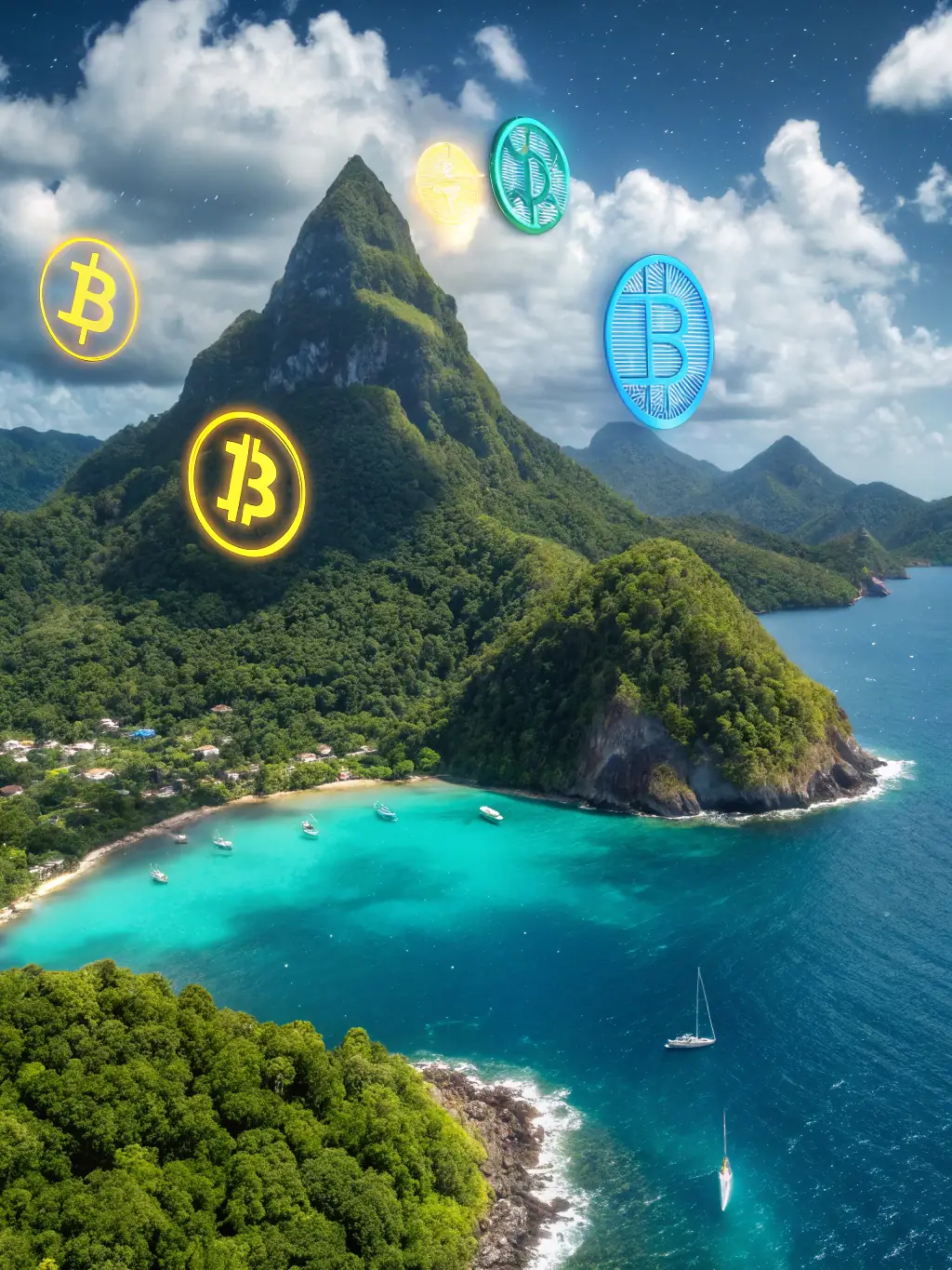 A vibrant image of St. Lucia, combined with digital currency symbols, illustrating the integration of cryptocurrency services within the local financial framework.
