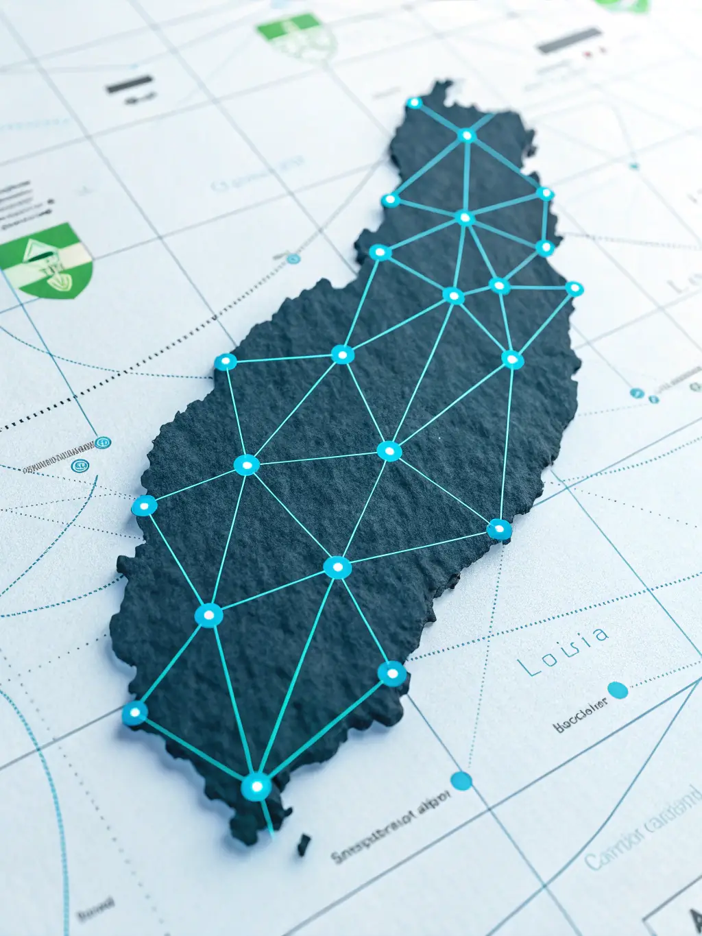 A modern, minimalist graphic depicting a blockchain network overlaid on a map of St. Lucia, symbolizing secure and compliant cryptocurrency operations.