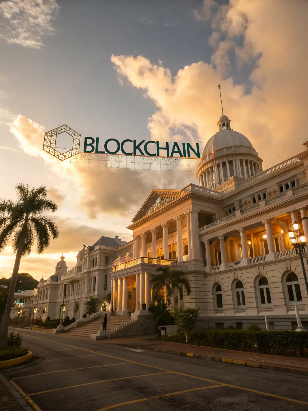 A stylized image of a St. Lucia government building with a blockchain logo, symbolizing government support and regulation of cryptocurrency.