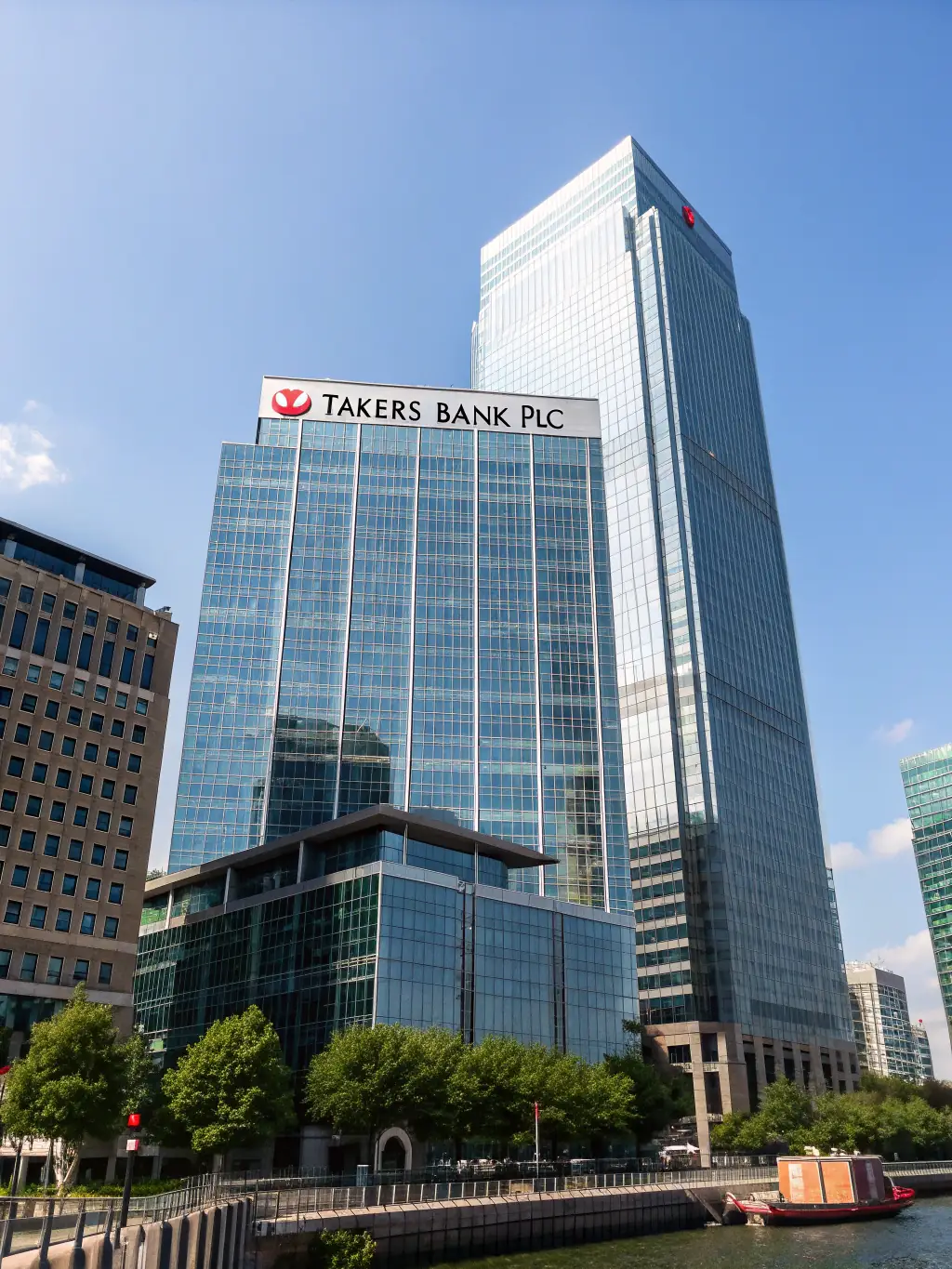A modern office building in Saint Vincent, with a subtle overlay of banking icons, representing the financial services available for companies formed there.