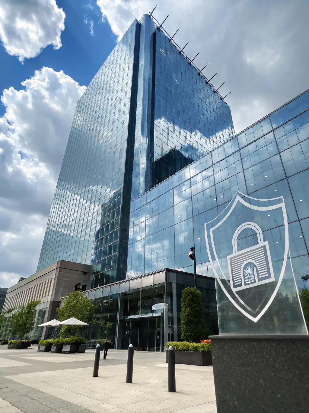 A professional photograph of a US corporate building, alongside banking symbols and the US flag, symbolizing the stability and opportunities of US banking.