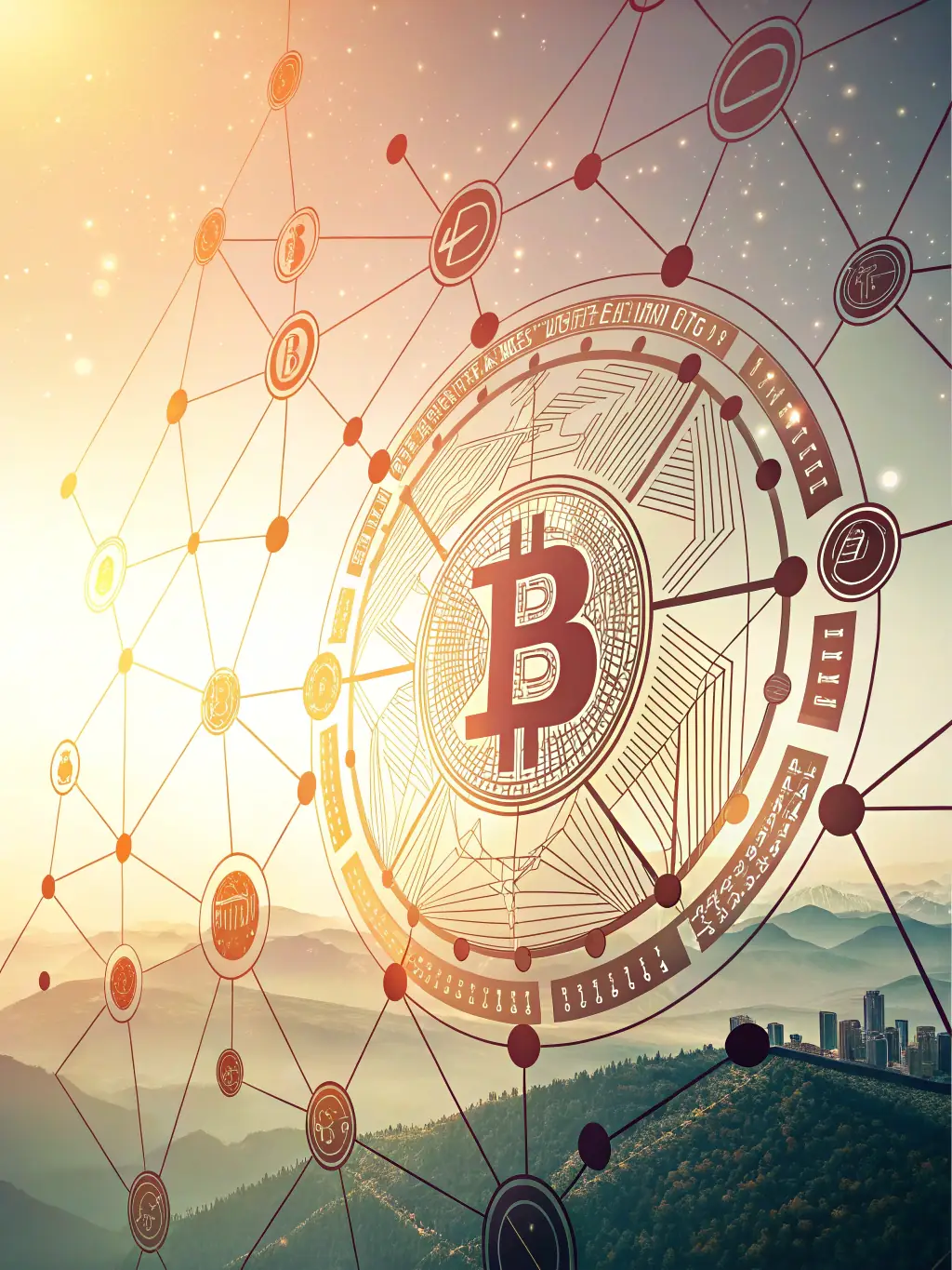 An image of digital currency symbols with a tropical island background, representing crypto in St. Lucia.